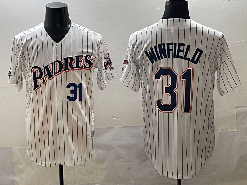 Men 2025 San Diego Padres #31 Winfield White Stripe Throwback Game Nike MLB Jersey style 2